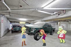 Size: 1079x718 | Tagged: safe, artist:forzaveteranenigma, edit, character:applejack, character:granny smith, character:sunset shimmer, episode:driving miss shimmer, g4, my little pony: equestria girls, my little pony:equestria girls, 1000 years in photoshop, apple-jack, car, driving miss shimmer: applejack, fix, ford, ford f-150, ford f-150 raptor, garage, irl, parking garage, photo, ratchet wrench, why
