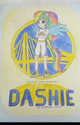 Size: 665x1047 | Tagged: safe, artist:forzaveteranenigma, character:rainbow dash, my little pony:equestria girls, 6x nba champions, basketball, dubnation, female, golden state warriors, nba, solo, stephen curry, strength in numbers, traditional art, watercolor painting, we believe