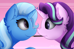 Size: 1552x1035 | Tagged: safe, artist:deraniel, character:starlight glimmer, character:trixie, species:pony, species:unicorn, best friends, cute, food, horns are touching, pocky, pocky game, simple background, smiling