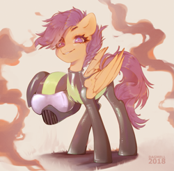 Size: 1931x1901 | Tagged: safe, artist:dagmell, character:scootaloo, species:pegasus, species:pony, episode:the washouts, g4, my little pony: friendship is magic, clothing, female, filly, helmet, hoof hold, pint-sized dynamite, solo, uniform, washouts uniform