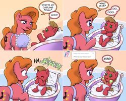 Size: 1502x1202 | Tagged: safe, artist:muffinshire, oc, oc:charity, oc:pun, species:pony, ask pun, ask, baby, baby pony, baby punny, diaper, female, mother and daughter, sneezing, snot