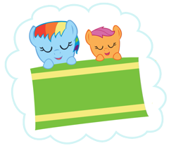 Size: 711x600 | Tagged: safe, artist:doctorxfizzle, character:rainbow dash, character:scootaloo, species:pegasus, species:pony, baby, baby pony, cloud, cute, duo, duo female, female, foal, on back, scootalove, sleeping