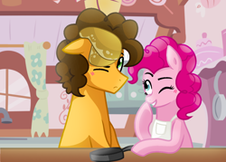Size: 1284x920 | Tagged: safe, artist:sapphireartemis, character:cheese sandwich, character:pinkie pie, species:pony, ship:cheesepie, apron, clothing, female, food, male, pancakes, shipping, straight