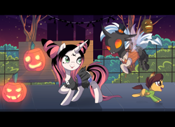 Size: 1600x1161 | Tagged: safe, artist:spookyle, oc, oc:curse, oc:willow wisp, species:changeling, species:pony, species:unicorn, bench, clothing, costume, couple, female, filly, halloween, halloween costume, holiday, jack-o-lantern, mare, night, nightmare night, park, pumpkin