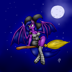 Size: 1200x1200 | Tagged: safe, artist:short circuit, oc, oc only, oc:violet, species:anthro, species:bat pony, species:changeling, broom, clothing, flying, flying broomstick, halloween, hat, holiday, moon, socks, solo, stars, witch, witch hat