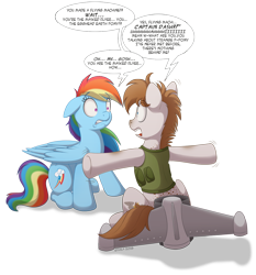 Size: 1200x1285 | Tagged: safe, artist:littlehybridshila, character:rainbow dash, oc, oc:propwash, species:earth pony, species:pegasus, species:pony, dialogue, jetpack, panic, simple background, speech bubble, story in the source
