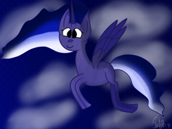 Size: 1024x768 | Tagged: safe, artist:wonderschwifty, character:princess luna, species:alicorn, species:pony, cloud, female, flying, looking at you, mare, solo