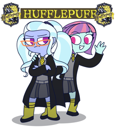 Size: 1245x1378 | Tagged: safe, artist:psychodiamondstar, character:sugarcoat, character:sunny flare, my little pony:equestria girls, clothing, duo, female, glasses, harry potter, hufflepuff, no pupils, school uniform, simple background, unamused, white background, wizard robe
