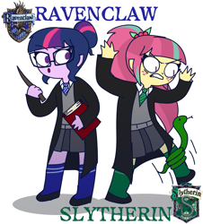 Size: 1245x1378 | Tagged: safe, artist:psychodiamondstar, character:sour sweet, character:twilight sparkle, character:twilight sparkle (scitwi), species:eqg human, my little pony:equestria girls, angry, book, clothing, duo, female, glasses, harry potter, no pupils, ravenclaw, school uniform, simple background, slytherin, snake, wand, white background, wizard robe