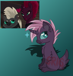 Size: 611x631 | Tagged: safe, artist:superrosey16, character:grubber, character:tempest shadow, oc, oc:sugar rush, parent:grubber, parent:tempest shadow, parents:grubbest, ship:grubbest, my little pony: the movie (2017), gradient background, hybrid, interspecies offspring, offspring, shipping, watermark