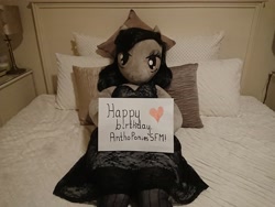 Size: 5056x3792 | Tagged: safe, artist:bigsexyplush, artist:somethingaboutoctavia, character:octavia melody, species:anthro, absurd resolution, anthro plushie, bedroom eyes, clothing, cute, doll, dress, female, hooves, irl, photo, plushie, sign, socks, solo, stockings, thigh highs, toy, waifu