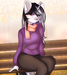 Size: 3534x4000 | Tagged: safe, artist:timkaa, oc, oc only, species:anthro, species:pony, species:unicorn, anthro oc, clothing, commission, female, high res, mare, pants, scarf, shirt, signature, smiling, smirk, solo, ych result