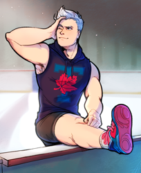 Size: 1175x1443 | Tagged: safe, artist:maccoffee, oc, oc only, oc:silver spark, species:human, armpits, athlete, beefcake, buff, clothing, human male, humanized, humanized oc, ice rink, male, muscles, shoes, shorts, sleeveless, sneakers, solo, stretching