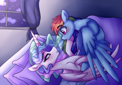 Size: 829x578 | Tagged: safe, artist:saphi-boo, character:princess celestia, character:rainbow dash, species:alicorn, species:pegasus, species:pony, ship:dashlestia, bed, bedsheets, blushing, eye contact, female, lesbian, looking at each other, mare, shipping, smiling