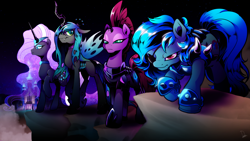 Size: 3000x1688 | Tagged: safe, artist:dormin-dim, character:nightmare rarity, character:queen chrysalis, character:rarity, character:tempest shadow, oc, species:pony, armor, broken horn, castle of the royal pony sisters, commission, eye scar, eyepatch, horn, night, scar, scenery, stars