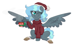 Size: 1024x632 | Tagged: safe, artist:ashidaii, oc, oc:floral rift, species:pegasus, species:pony, chocolate, christmas, clothing, female, food, hat, holiday, hot chocolate, mare, santa hat, simple background, solo, sweater, transparent background