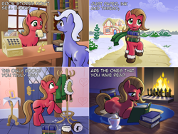 Size: 1602x1202 | Tagged: safe, artist:muffinshire, oc, oc only, oc:pun, species:earth pony, species:pony, ask pun, ask, bits, book, clothing, coin, female, fireplace, mare, money, prone, scarf, snow