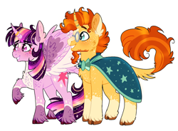 Size: 908x667 | Tagged: safe, artist:wanderingpegasus, character:sunburst, character:twilight sparkle, character:twilight sparkle (alicorn), species:alicorn, species:classical unicorn, species:pony, species:unicorn, ship:twiburst, chest fluff, cloven hooves, ethereal mane, female, horn ring, husband and wife, leonine tail, male, mare, married, married couple, rainbow power, shipping, simple background, stallion, straight, unshorn fetlocks, white background