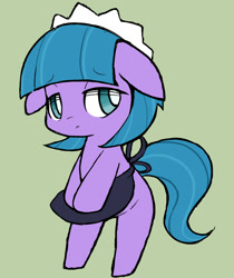 Size: 1163x1385 | Tagged: safe, artist:ccc, species:earth pony, species:pony, clothing, cute, female, looking at you, maid, mare, simple background, solo, tote bag (character)