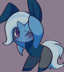 Size: 1241x1389 | Tagged: safe, artist:ccc, character:trixie, species:pony, species:unicorn, blushing, bunny suit, clothing, cute, diatrixes, female, fishnets, leotard, mare, one eye closed, pantyhose, shoes, simple background, solo, wink