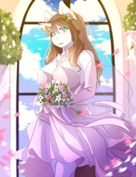 Size: 3138x4096 | Tagged: safe, artist:hakkids2, oc, oc only, species:anthro, species:pony, species:unicorn, anthro oc, bouquet, breasts, bride, chest fluff, cleavage, cleavage fluff, clothing, cloud, dress, female, flower, flower in hair, gloves, long gloves, looking at you, mare, open mouth, plant, signature, sky, solo, wedding dress, window