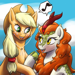 Size: 1280x1280 | Tagged: safe, artist:rawrienstein, character:applejack, character:autumn blaze, species:earth pony, species:kirin, species:pony, ship:autumnjack, episode:sounds of silence, g4, my little pony: friendship is magic, female, lesbian, looking at each other, mare, shipping