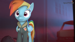 Size: 1920x1080 | Tagged: safe, artist:spinostud, character:rainbow dash, species:pegasus, species:pony, 3d, alleyway, bag, car, clothing, jacket, source filmmaker