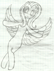 Size: 1284x1675 | Tagged: safe, artist:mfg637, character:fluttershy, species:pony, female, flying, graph paper, lined paper, pencil drawing, simple background, sketch, solo, spread wings, traditional art, wings