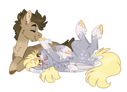 Size: 961x697 | Tagged: safe, artist:wanderingpegasus, character:derpy hooves, character:doctor whooves, character:time turner, species:earth pony, species:pegasus, species:pony, ship:doctorderpy, alternate design, chest fluff, ear fluff, eyes closed, female, fluffy, freckles, male, prone, shipping, simple background, smiling, socks (coat marking), spots, star (coat marking), straight, transparent background