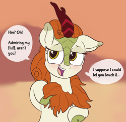 Size: 2548x2476 | Tagged: safe, artist:comfyplum, derpibooru original, character:autumn blaze, species:kirin, species:pony, episode:sounds of silence, g4, my little pony: friendship is magic, awwtumn blaze, blushing, bronybait, chest fluff, cloven hooves, coy, cute, dialogue, female, flirting, fluffy, horn, lidded eyes, long mane, looking at you, looking back, mare, open mouth, playful, raised hoof, simple background, smiling, solo, speech, talking, talking to viewer