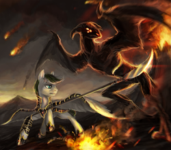 Size: 943x828 | Tagged: safe, artist:elkaart, oc, oc only, species:pegasus, species:pony, armor, commission, demon, fight, fire, glaive, male, naginata, smoke, stallion, volcano, weapon