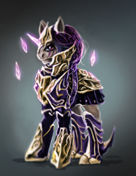 Size: 900x1161 | Tagged: safe, artist:elkaart, oc, oc only, species:pony, species:unicorn, armor, crystal, glowing horn, gradient background, knight, looking at you, magic, male, solo, stallion