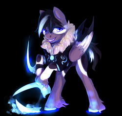 Size: 800x762 | Tagged: safe, artist:elkaart, oc, oc only, species:pegasus, species:pony, bipedal, bipedal leaning, black background, clothing, glowing hooves, hybrid, leaning, male, simple background, smiling, stallion, wings