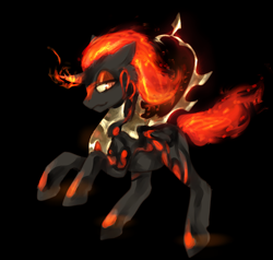 Size: 900x857 | Tagged: safe, artist:elkaart, oc, oc only, species:pony, species:unicorn, black background, female, fire, glowing horn, mane of fire, mare, rearing, simple background, solo