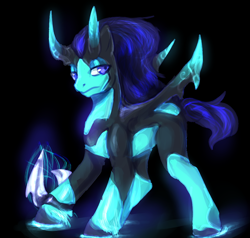 Size: 800x762 | Tagged: safe, artist:elkaart, oc, oc only, species:demon pony, species:pony, black background, blade, hoof blades, horns, male, simple background, solo, stallion, weapon