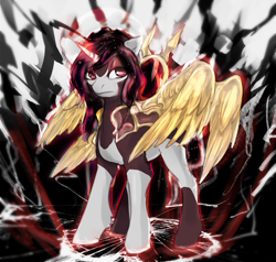 Size: 1024x975 | Tagged: safe, artist:elkaart, oc, oc only, species:alicorn, species:pony, alicorn oc, auction, edgy, female, four wings, glowing horn, mare, solo