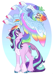 Size: 742x1024 | Tagged: safe, artist:wanderingpegasus, character:rainbow dash, character:starlight glimmer, species:classical unicorn, species:pegasus, species:pony, species:unicorn, chest fluff, cloven hooves, colored hooves, colored wings, colored wingtips, duo, female, leonine tail, looking at each other, mare, socks (coat marking), unshorn fetlocks