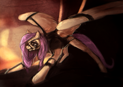 Size: 1154x816 | Tagged: safe, artist:elkaart, character:fluttershy, species:pegasus, species:pony, bit, bridle, crouching, female, harness, mare, solo, spread wings, tack, wings