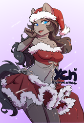 Size: 2684x3900 | Tagged: safe, artist:hakkids2, oc, oc only, species:anthro, species:earth pony, species:pony, advertisement, anthro oc, armpits, bandeau, beautiful, belly button, christmas, clothing, commission, costume, digital art, female, gloves, gradient background, hat, high res, holiday, looking at you, midriff, miniskirt, open mouth, santa costume, santa hat, skirt, socks, solo, stockings, thigh highs, wingding eyes, ych result, your character here