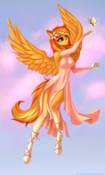 Size: 2040x3374 | Tagged: safe, artist:anxiety-chan, oc, oc only, oc:serenity, species:anthro, species:pegasus, species:pony, species:unguligrade anthro, anthro oc, blue background, butterfly, clothing, commission, digital art, dress, eye clipping through hair, female, flower, flower in hair, flying, hair over one eye, high res, mare, signature, simple background, smiling, socks (coat marking), solo, spread wings, wings, ych result