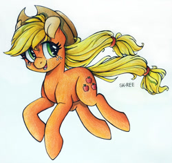 Size: 1024x968 | Tagged: safe, artist:sk-ree, character:applejack, species:earth pony, species:pony, clothing, colored pencil drawing, cowboy hat, female, hat, looking back, mare, simple background, solo, traditional art, white background