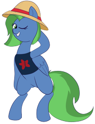 Size: 1345x1749 | Tagged: safe, artist:feralroku, oc, oc only, oc:sky cleaner, species:pegasus, species:pony, 2019 community collab, derpibooru community collaboration, bipedal, clothing, folded wings, hat, one eye closed, shirt, simple background, smiling, solo, straw hat, t-shirt, transparent background, wings, wink