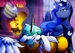 Size: 3507x2480 | Tagged: safe, artist:dormin-dim, character:princess celestia, character:princess luna, species:alicorn, species:pony, bucket, commission, drool, duo, female, fireplace, glowing horn, luna is not amused, magic, mare, open mouth, royal sisters, sleeping, telekinesis, this will end in tears and/or a journey to the moon, this will not end well, unamused