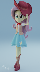 Size: 1080x1920 | Tagged: safe, artist:efk-san, character:fluttershy, episode:five to nine, equestria girls:dance magic, g4, my little pony: equestria girls, my little pony:equestria girls, spoiler:eqg specials, 3d, adorable face, beautiful, blender, blouse, boots, clothing, cowboy boots, cowboy hat, cowgirl, cowgirl outfit, crossed legs, cute, female, hat, high heel boots, shoes, shyabetes, skirt, smiling, solo, stetson, vest, woman