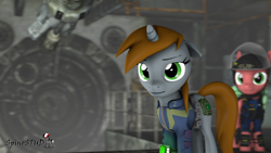 Size: 1920x1080 | Tagged: safe, artist:spinostud, oc, oc only, oc:littlepip, species:pony, species:unicorn, fallout equestria, 3d, clothing, cutie mark, fanfic, fanfic art, female, floppy ears, hooves, horn, mare, pipbuck, security, security armor, security guard, source filmmaker, stable, stable 2, stable door, vault security armor, vault suit