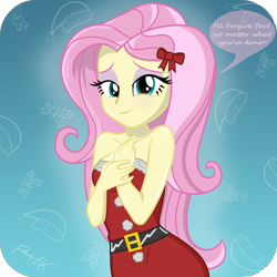 Size: 7680x7680 | Tagged: safe, artist:efk-san, character:fluttershy, species:human, my little pony:equestria girls, absurd resolution, bare shoulders, beautiful, bedroom eyes, christmas, clothing, costume, cute, female, forgiveness, holiday, looking at you, positive ponies, santa costume, shyabetes, sleeveless, solo, strapless, talking to viewer