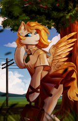 Size: 3100x4800 | Tagged: safe, artist:hakkids2, oc, oc only, species:anthro, species:pegasus, species:pony, absurd resolution, arm hooves, beautiful, clothing, commission, female, open mouth, pleated skirt, power line, road, schoolgirl, semi-anthro, skirt, skirt lift, solo, tree, ych result
