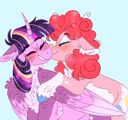 Size: 768x718 | Tagged: safe, artist:wanderingpegasus, character:pinkie pie, character:twilight sparkle, character:twilight sparkle (alicorn), species:alicorn, species:pony, ship:twinkie, female, kiss on the cheek, kissing, lesbian, pale belly, shipping