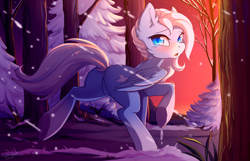 Size: 4800x3100 | Tagged: safe, artist:hakkids2, oc, oc only, oc:icy heart, species:pegasus, species:pony, blushing, commission, cute, featureless crotch, female, forest, looking at you, looking back, mare, open mouth, scenery, signature, snow, snowfall, solo, tree, tree branch, underhoof, winter, ych result