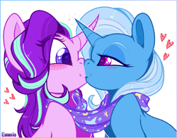 Size: 751x588 | Tagged: safe, artist:esmeia, character:starlight glimmer, character:trixie, species:pony, species:unicorn, ship:startrix, bedroom eyes, blushing, cape, clothing, curved horn, cute, eye contact, eyelashes, eyeshadow, female, floating heart, hatless, heart, horn, horns are touching, kissing, leaning forward, lesbian, lidded eyes, looking at each other, makeup, mare, missing accessory, scarf, shipping, signature, simple background, smiling, sparkles, trixie's cape, white background, wide eyes